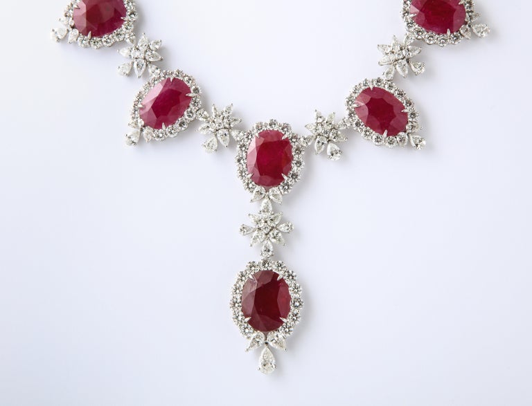 Important Intense Red Ruby and Diamond Platinum Drop Necklace