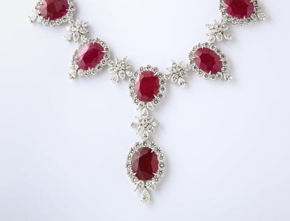 Important Intense Red Ruby and Diamond Platinum Drop Necklace