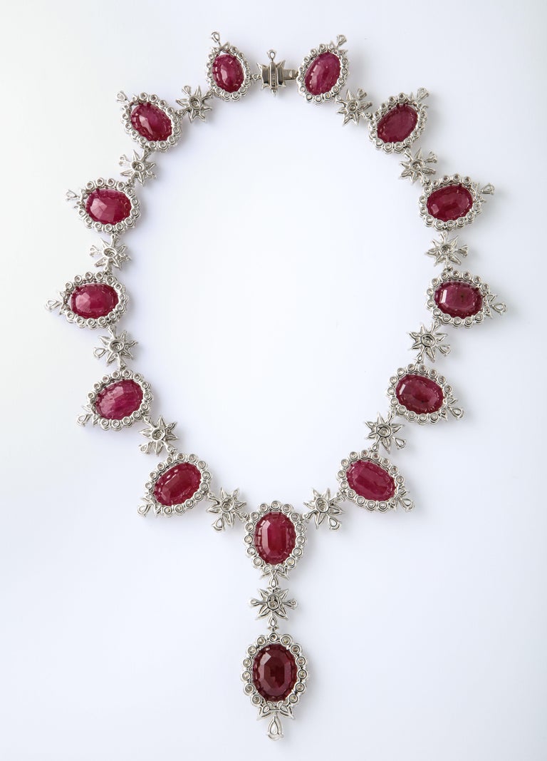 Important Intense Red Ruby and Diamond Platinum Drop Necklace