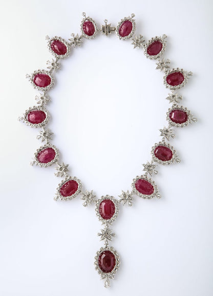Important Intense Red Ruby and Diamond Platinum Drop Necklace
