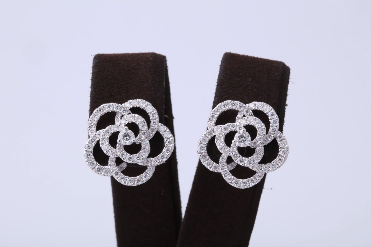 Glistening 1.85 Carat Diamond Camelia Flower Stud Earrings in 18k Gold