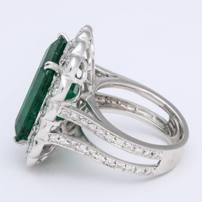 GIA Certified 13 Carat Colombian Emerald Diamond Platinum Cocktail Ring