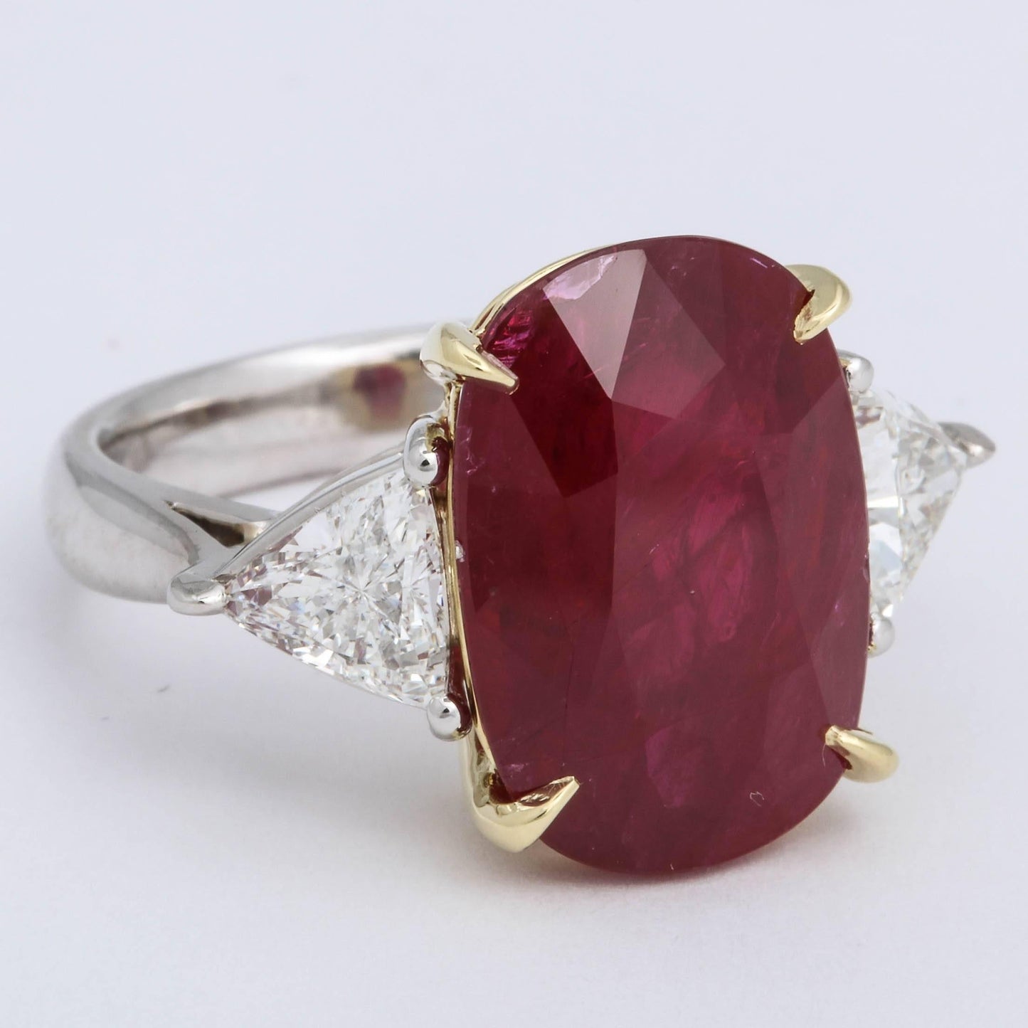 GIA Certified 11.50 Carat Ruby Cushion Ring with Trillion Diamonds
