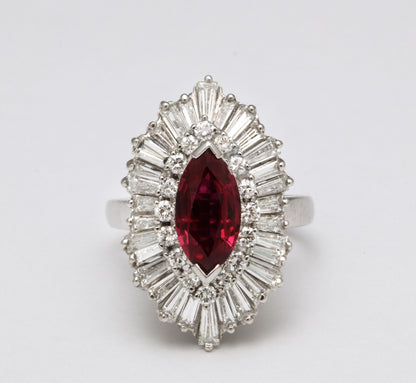 Vintage 1.86 Carat Marquise Ruby and Diamond Platinum Pendant Ring