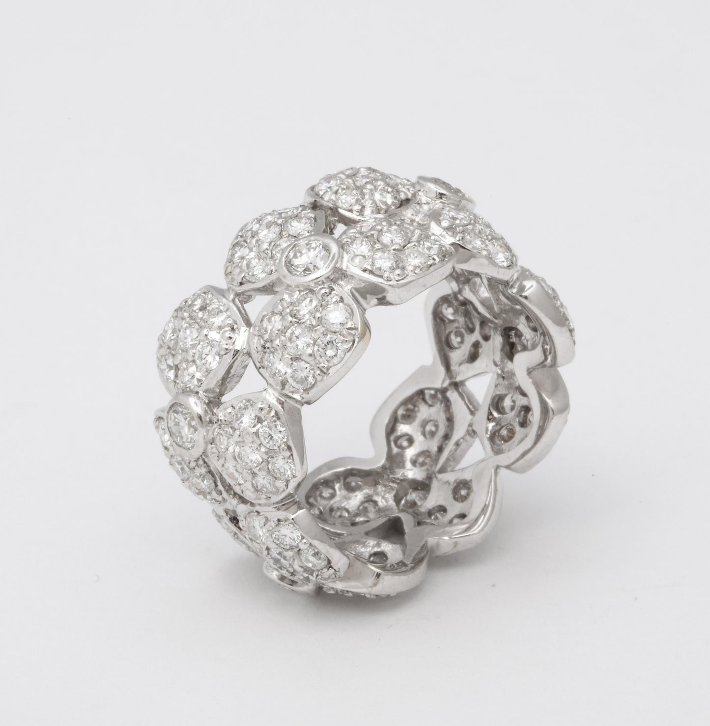 Wide Diamond Flower Band Ring 18k White Gold 3.58ctw Diamonds