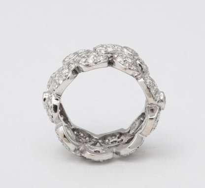 Wide Diamond Flower Band 18k White Gold 3.58 Carat Ring