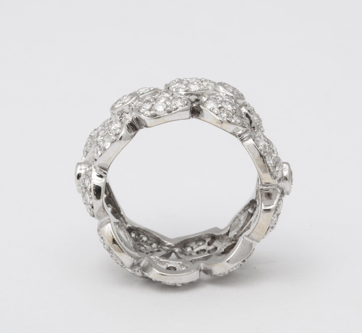 Wide Diamond Flower Band Ring 18k White Gold 3.58ctw Diamonds
