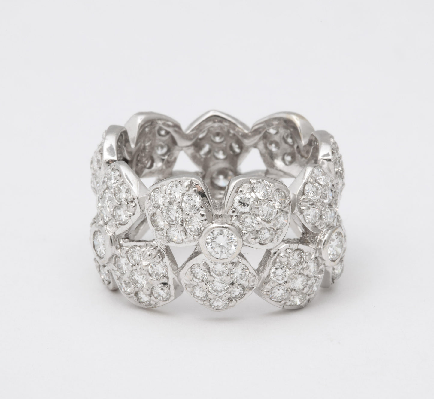 Wide Diamond Flower Band Ring 18k White Gold 3.58ctw Diamonds