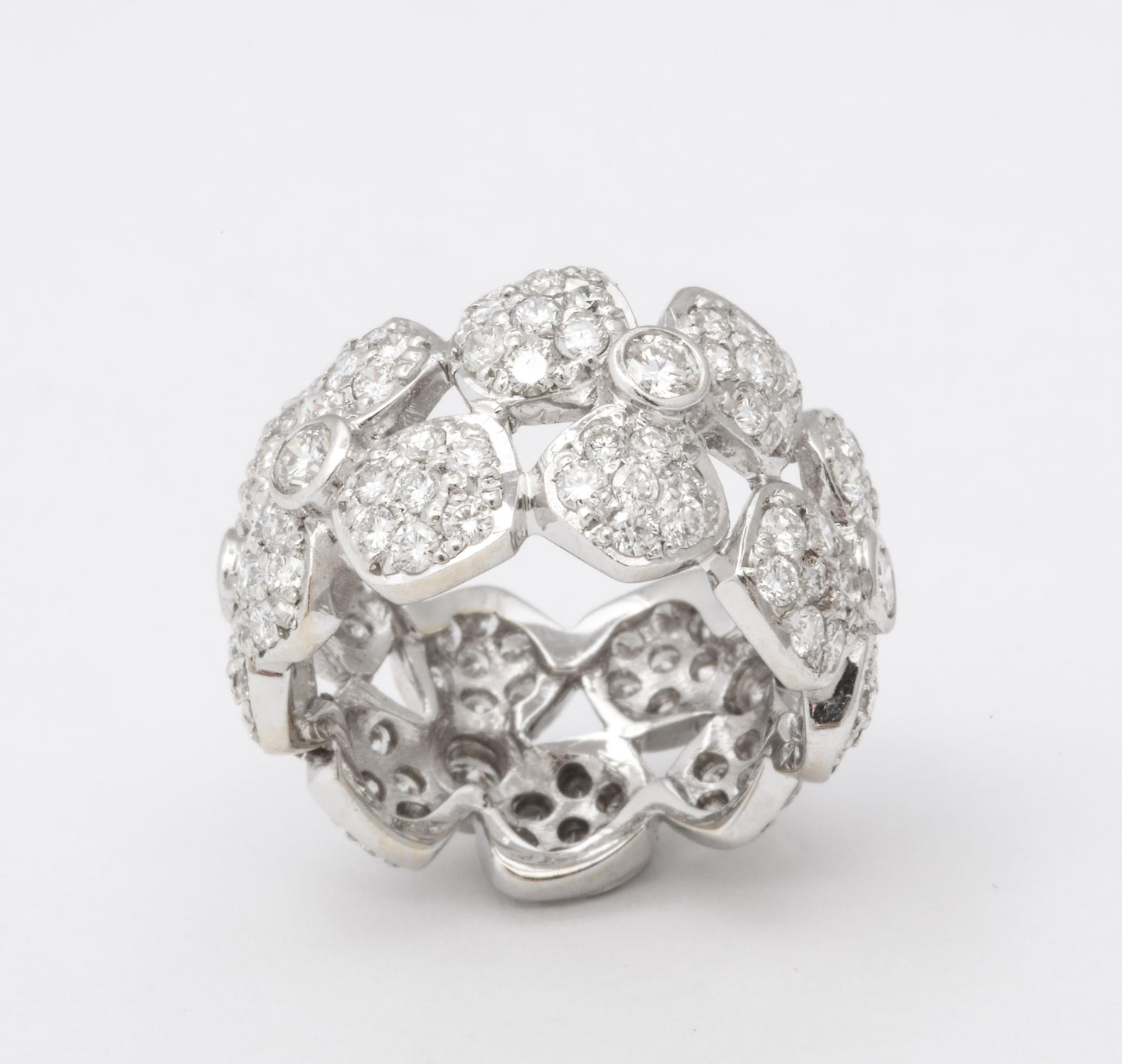 Wide Diamond Flower Band Ring 18k White Gold 3.58ctw Diamonds