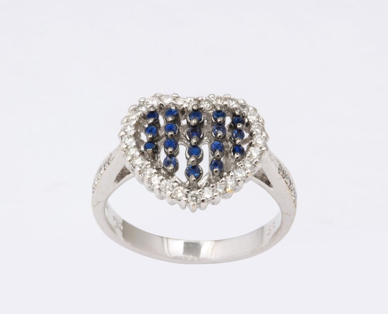 Elegant Blue Sapphire and Diamond Heart Ring 18k White Gold