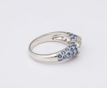 Exquisite 18k White Gold Blue Sapphire and Diamond Heart Ring