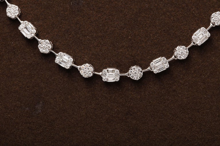 Round and Emerald Cut Diamond Illusion 18k White Gold Necklace
