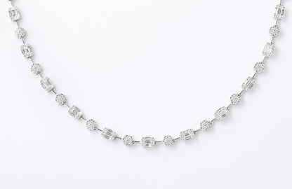 Round and Emerald Cut Diamond Illusion 18k White Gold Necklace