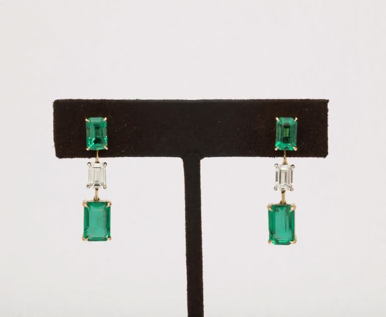14k Yellow Gold Emerald and Diamond Dangle Drop Earrings 7.36ct