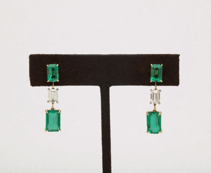 14k Yellow Gold Emerald and Diamond Dangle Drop Earrings 7.36ct