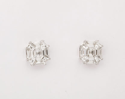Asscher Cut Diamond Illusion Stud Earrings in 18k White Gold