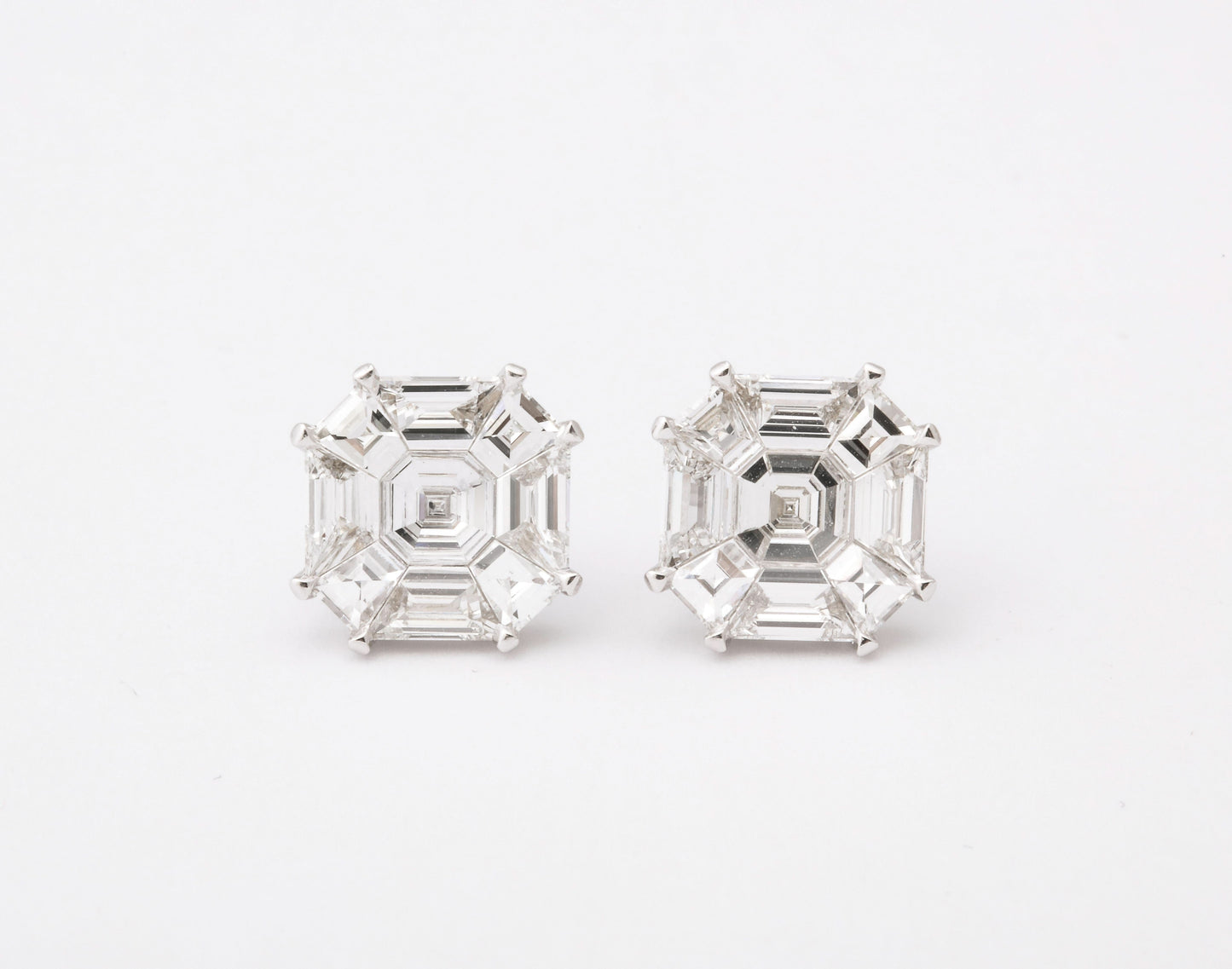 Asscher Cut Diamond Illusion Stud Earrings in 18k White Gold