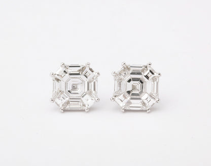 Asscher Cut Diamond Illusion Stud Earrings in 18k White Gold
