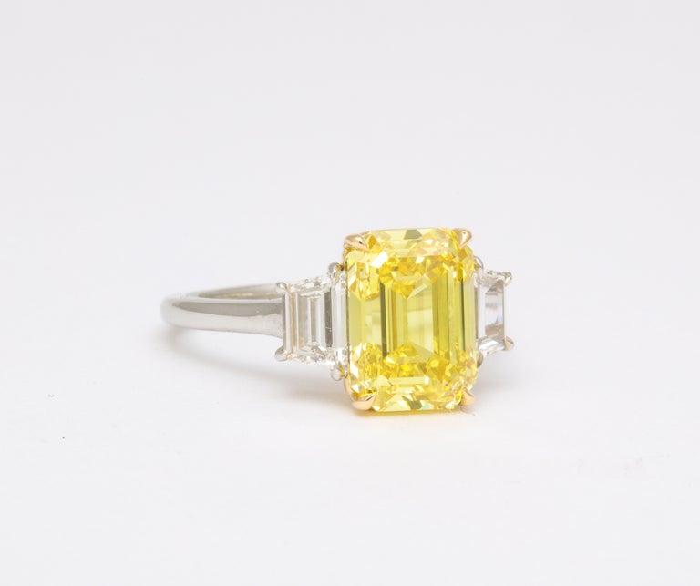 Fancy Vivid Yellow Emerald Cut 4.12 Carat Diamond Engagement Ring