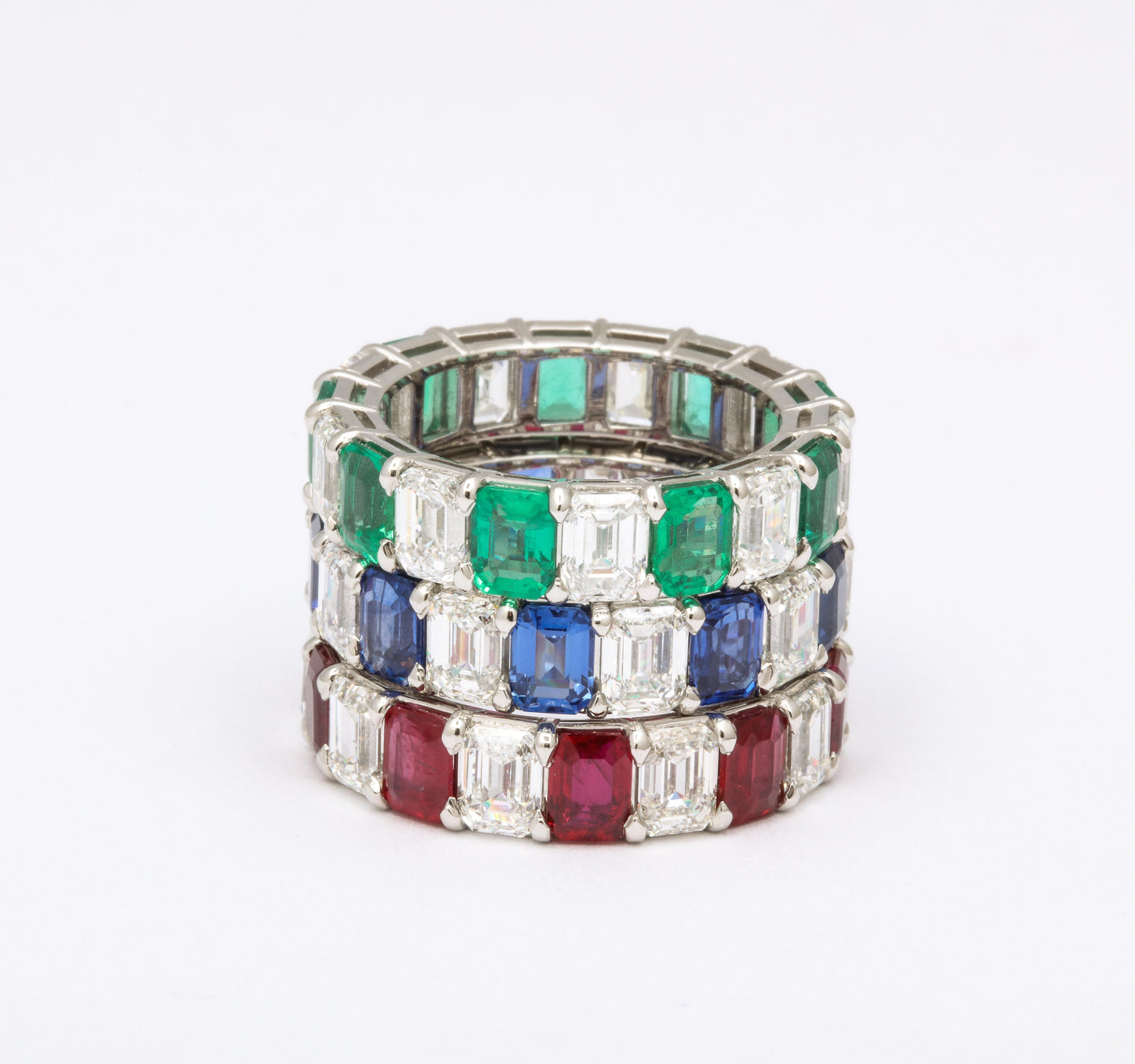 Premium Emerald Ruby Sapphire and Diamond Eternity Band Set