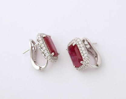 Exquisite 7.20ct Intense Red Emerald Cut Ruby Diamond Halo Earrings