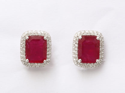 Exquisite 7.20ct Intense Red Emerald Cut Ruby Diamond Halo Earrings
