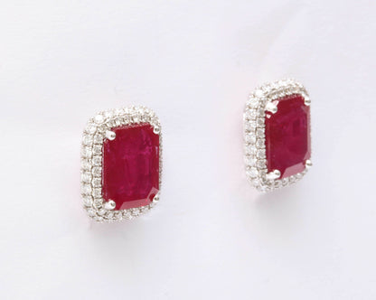 Exquisite 7.20ct Intense Red Emerald Cut Ruby Diamond Halo Earrings