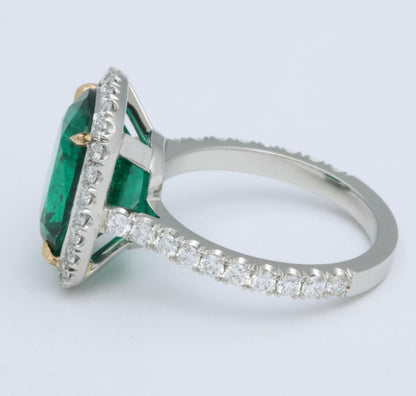 GIA Certified 5 Carat Green Emerald Cushion Cut Diamond Halo Ring