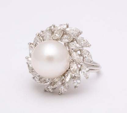 South Sea Pearl 13mm and 6.12ct Marquise Diamond Platinum Ring