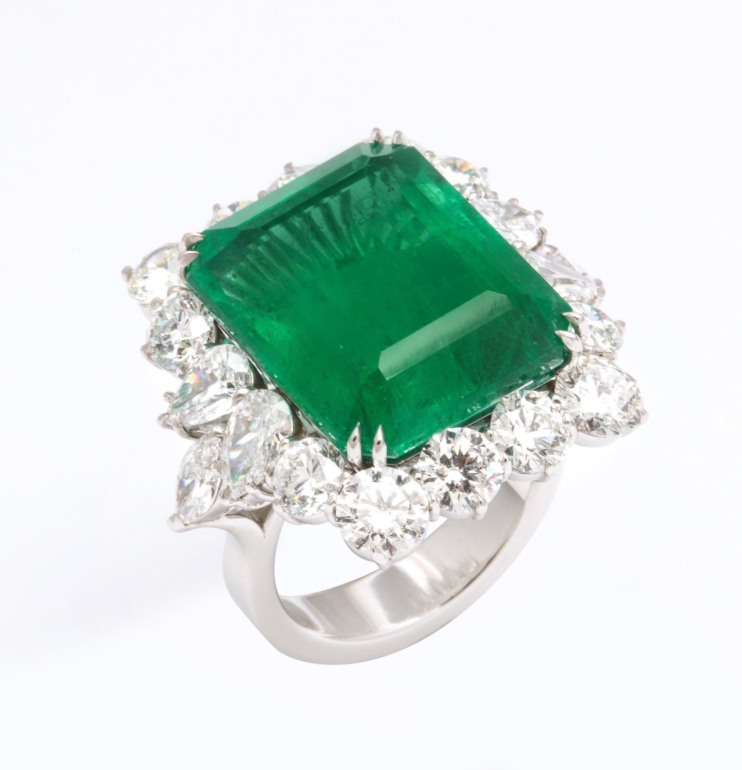 Exquisite 19.43 Carat Emerald and Diamond Platinum Cocktail Statement Ring
