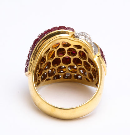 18k Yellow Gold Mystery Set Ruby Diamond Bombe Cocktail Ring