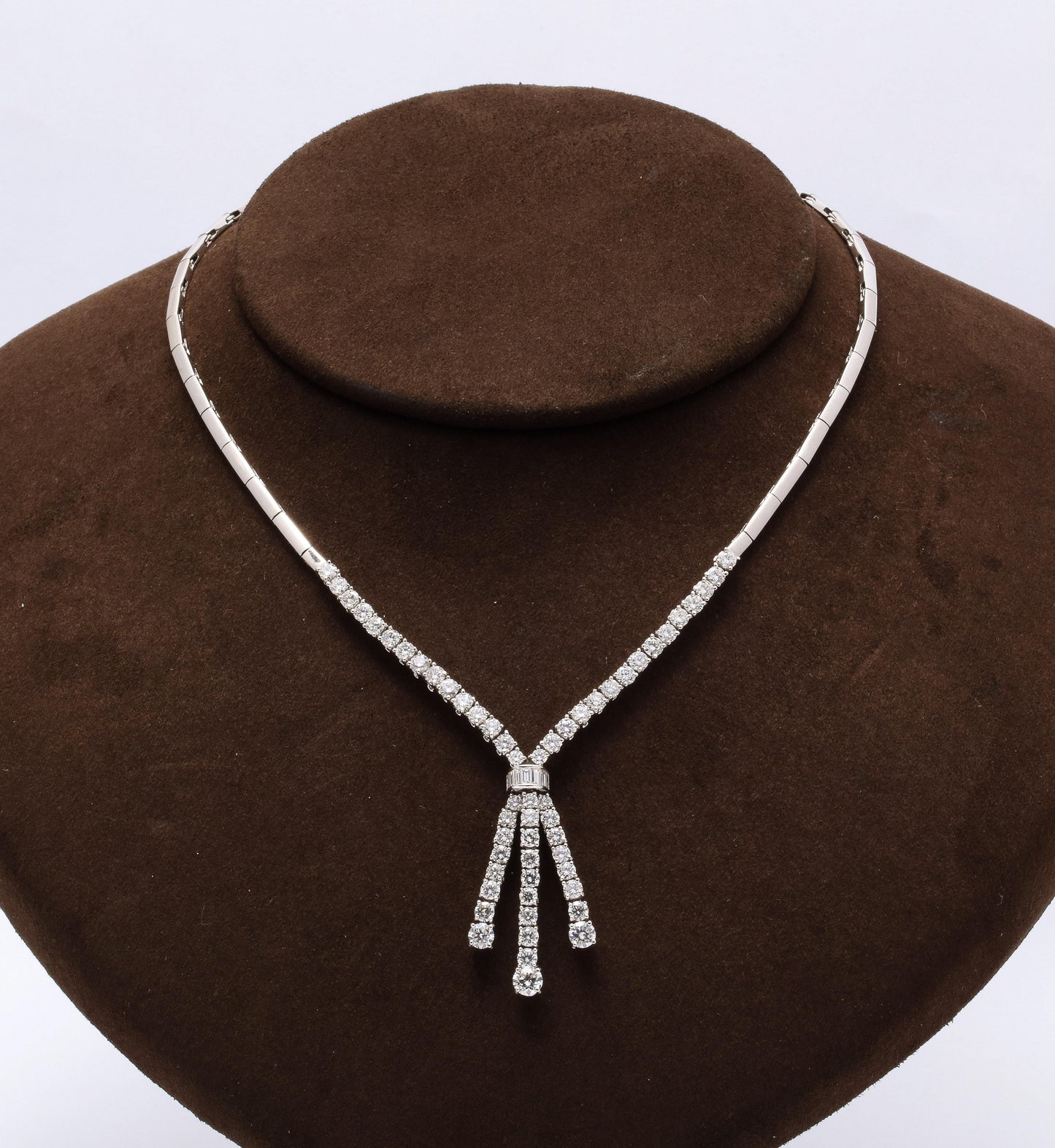 Italian 18k White Gold 6.19ct Diamond Round Baguette Drop Necklace
