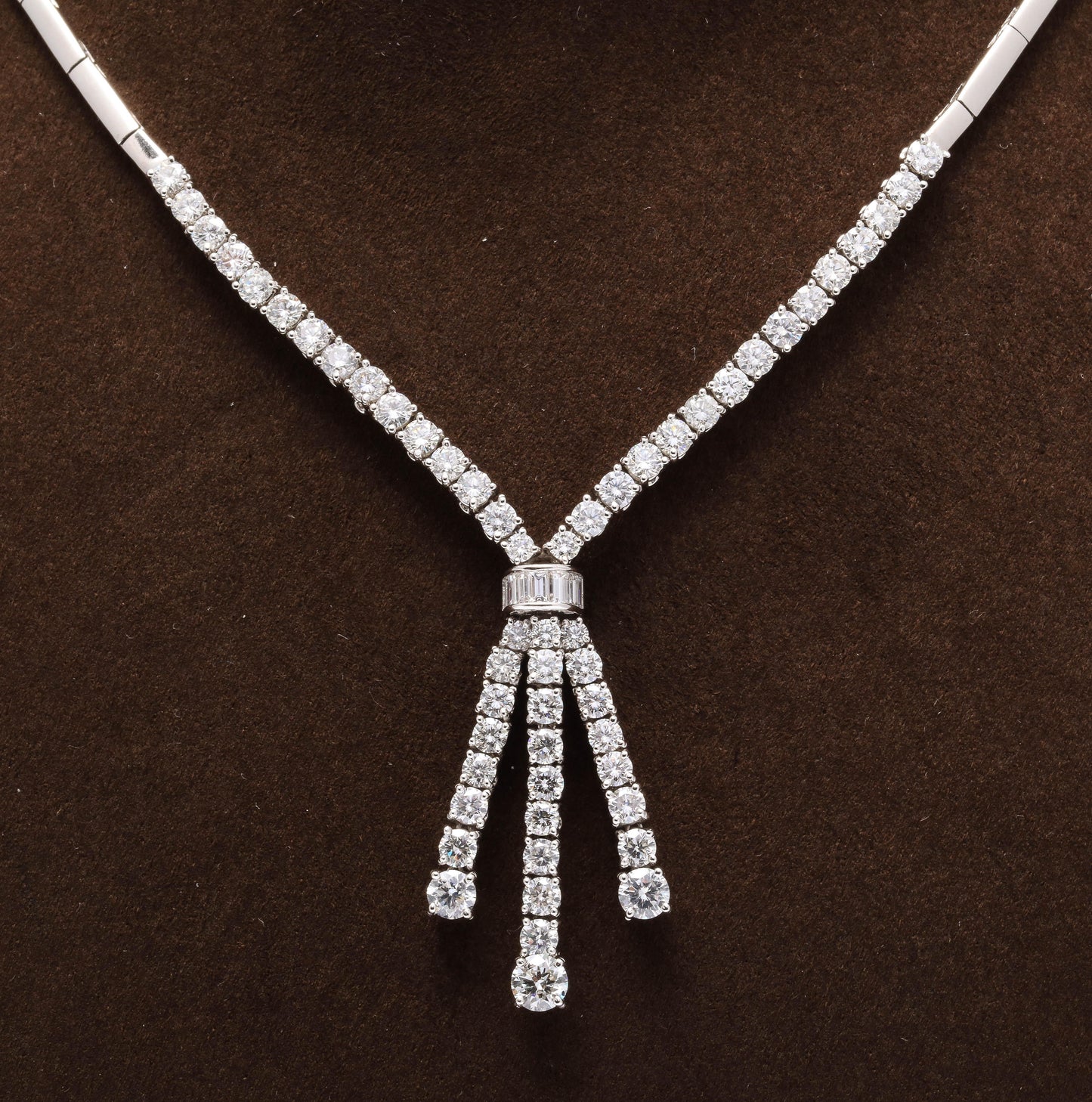 Italian 18k White Gold 6.19ct Diamond Round Baguette Drop Necklace