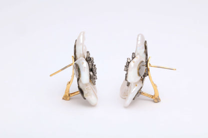 Pearl Leaf and Diamond Flower Earrings with 1.74 Carat Diamonds