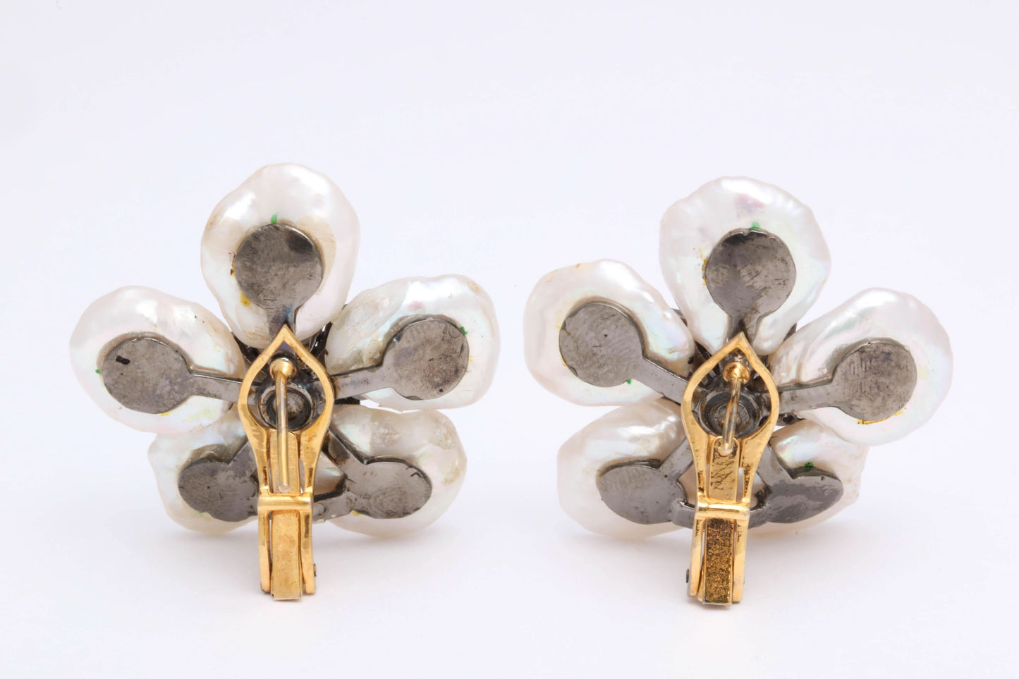 Pearl Leaf and Diamond Flower Earrings with 1.74 Carat Diamonds