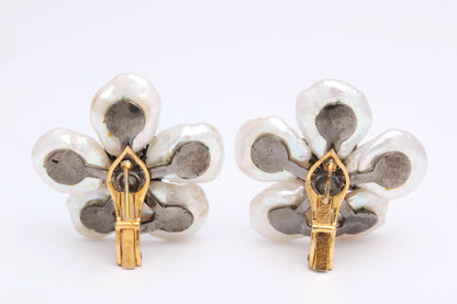 Pearl Leaf and Diamond Flower Earrings with 1.74 Carat Diamonds