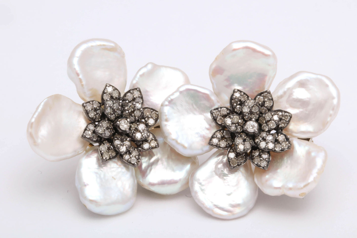 Pearl Leaf and Diamond Flower Earrings with 1.74 Carat Diamonds