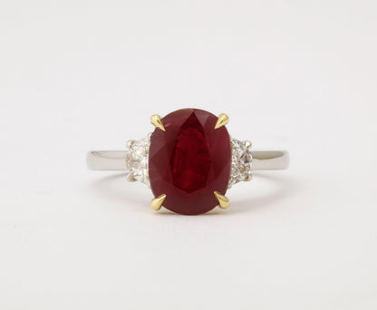 Exquisite 2.97 Carat Burma Ruby and Diamond Three Stone Ring