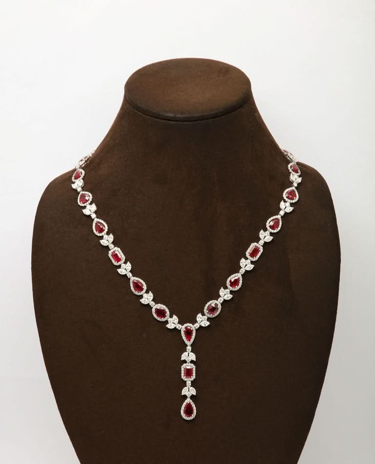 Diamond Scene Platinum Ruby and Diamond Multishape Drop Necklace