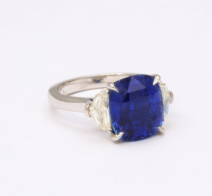 7.16 Carat Cushion Cut Ceylon Blue Sapphire Diamond Platinum Ring