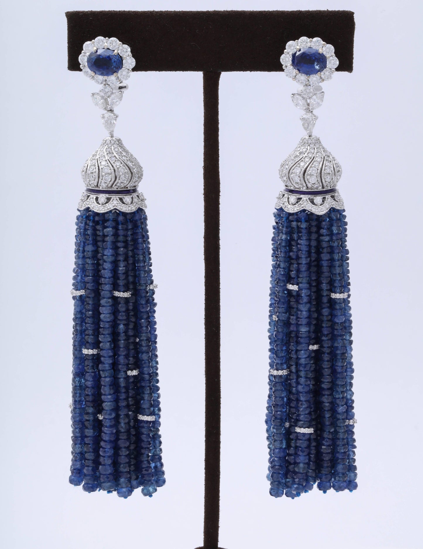Elegant 300 Carat Blue Sapphire Diamond 18k White Gold Tassel Earrings