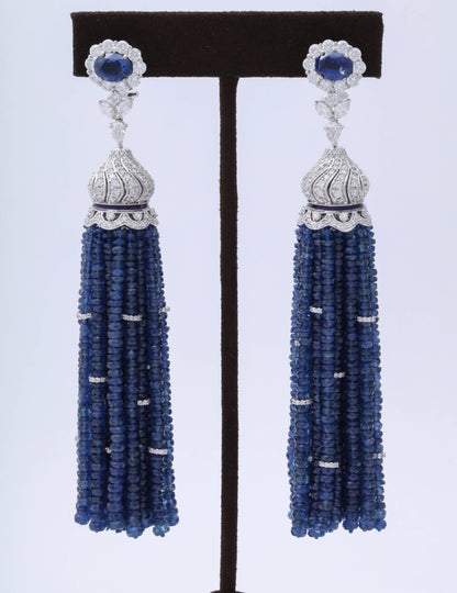 Elegant 300 Carat Blue Sapphire Diamond 18k White Gold Tassel Earrings