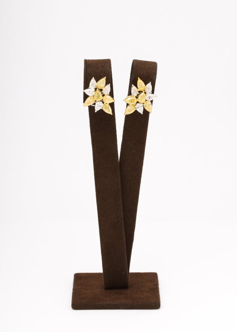 Fancy Yellow and White Diamond Pear Cluster 18k Gold Earrings