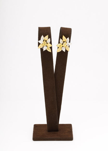 Fancy Yellow and White Diamond Pear Cluster 18k Gold Earrings