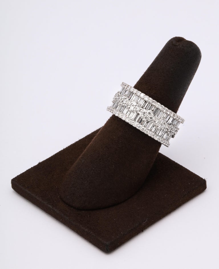 Wide Baguette and Round Diamond 18k White Gold Statement Band