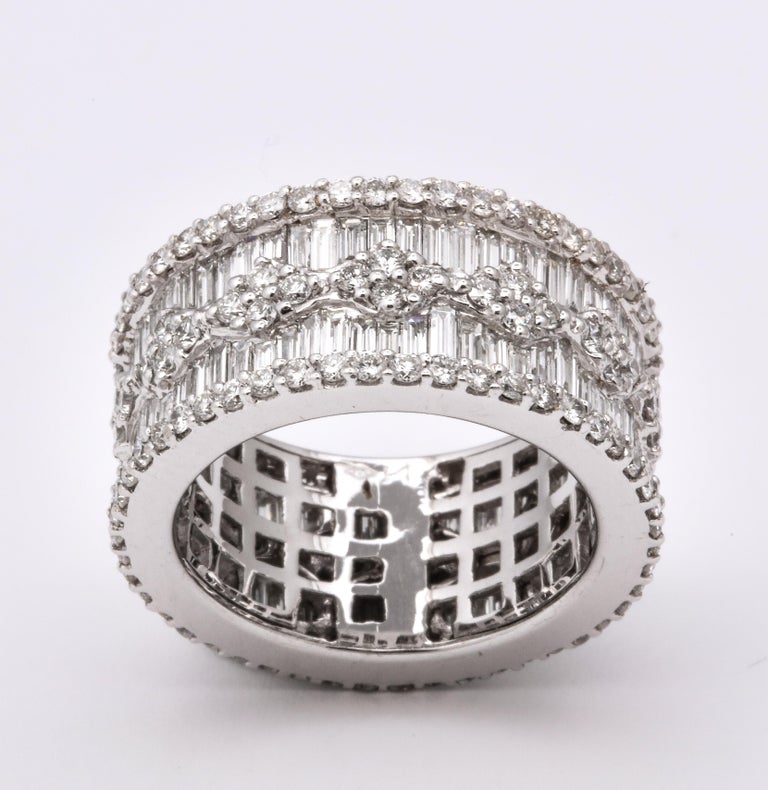 Wide Baguette and Round Diamond 18k White Gold Statement Band