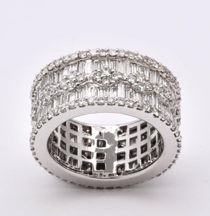 Wide Baguette and Round Diamond 18k White Gold Statement Band