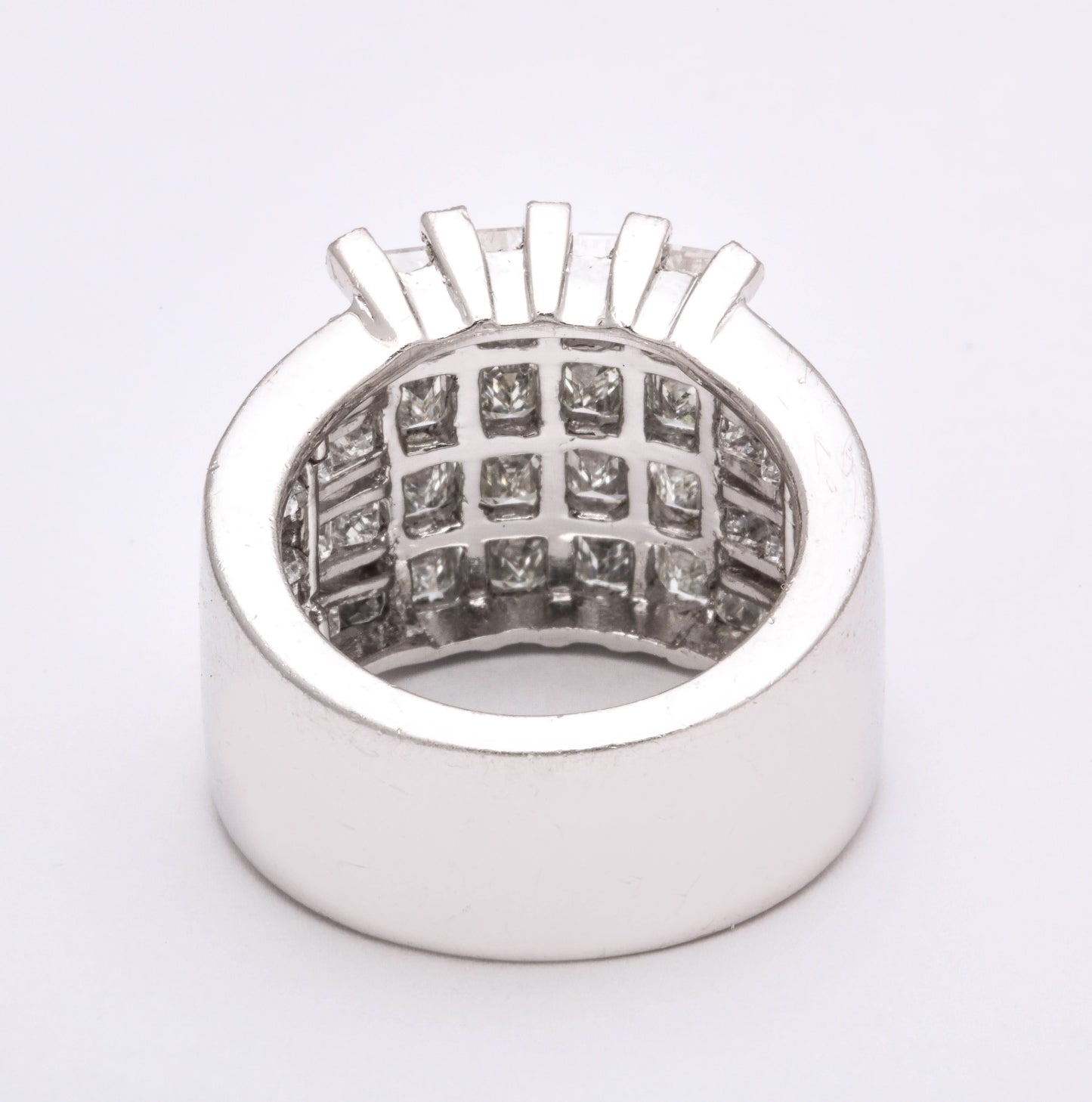 Wide Platinum Ring with Emerald and Princess Cut Diamonds