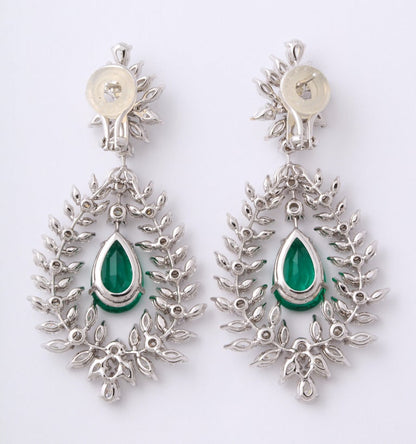 Exquisite 18k White Gold Vivid Green Emerald Diamond Drop Earrings