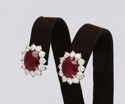 Intense Red Cushion Cut Ruby and Diamond Clip-On Earrings
